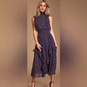 Lulus Navy Blue Floral Print Mock Neck Midi Dress size XL
